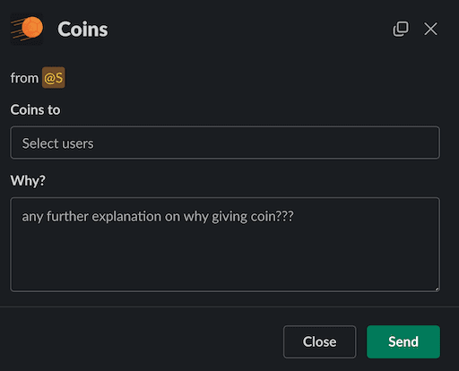 Kick Coins form in Slack for sending a coin with an explanation