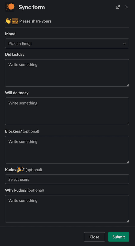 Kick Sync form in Slack with fields for mood, yesterday, today, blockers, and kudos