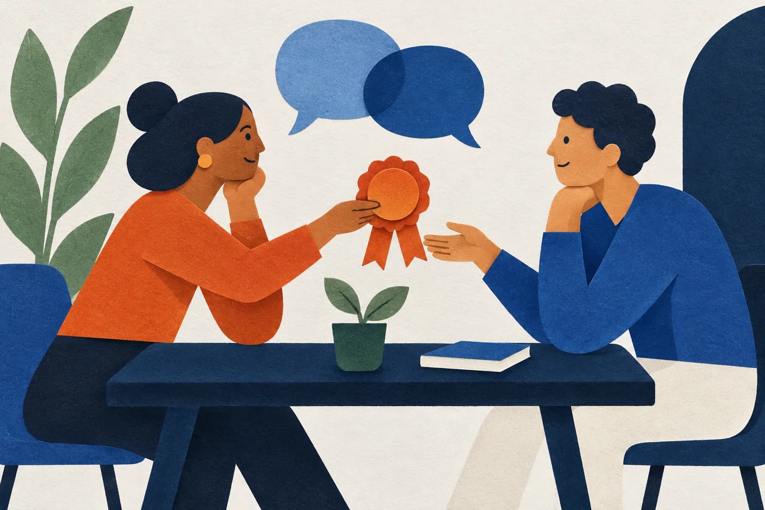 Two paper-cut teammates exchange an appreciation rosette beside conversation bubbles