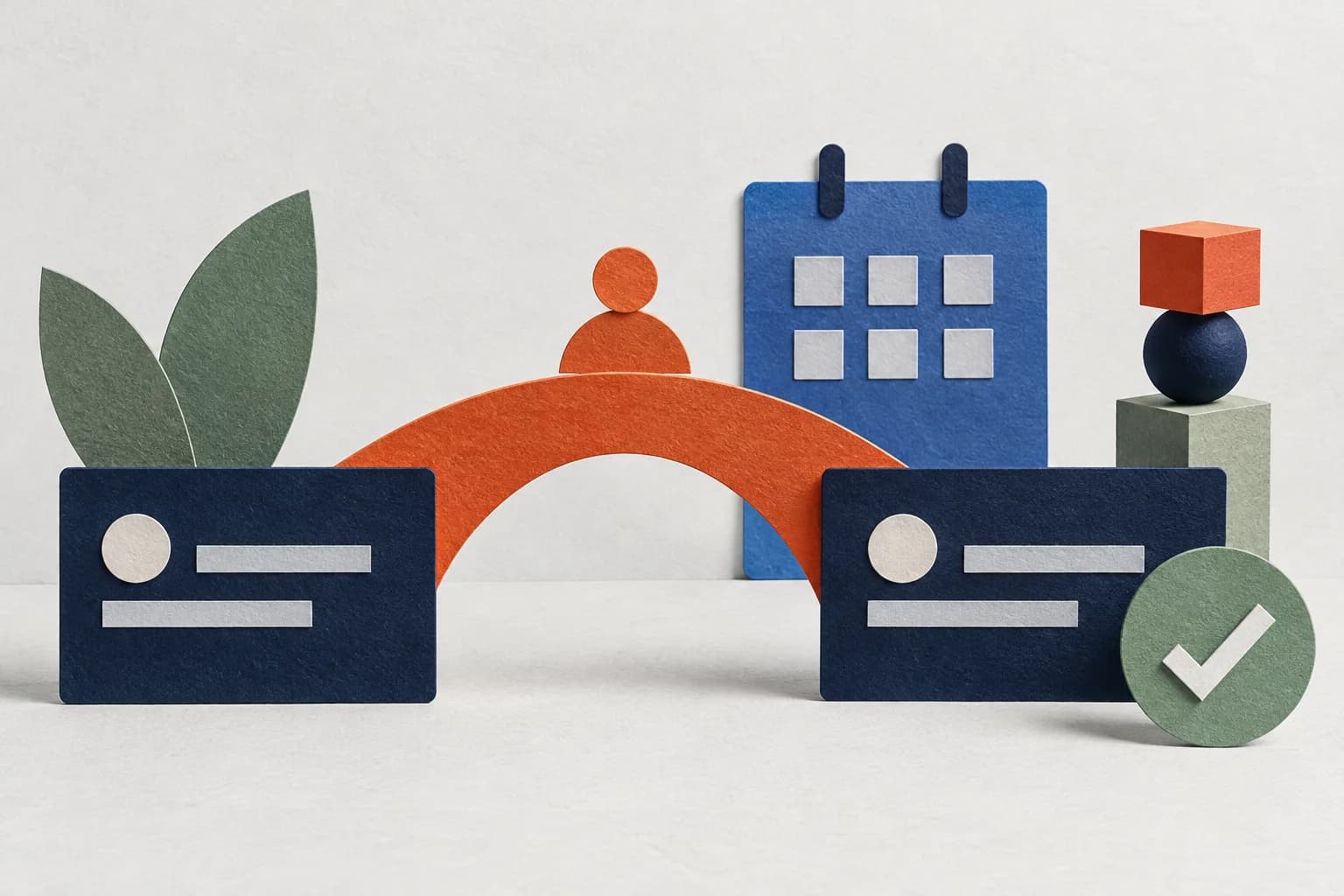 An orange bridge connects tasks and a calendar, illustrating a clear handoff