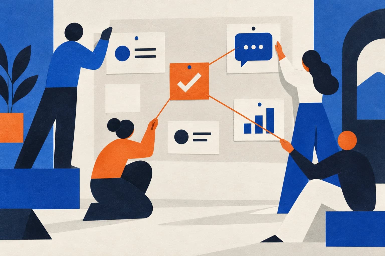 Paper-cut illustration of teammates bringing tasks, conversations and progress together